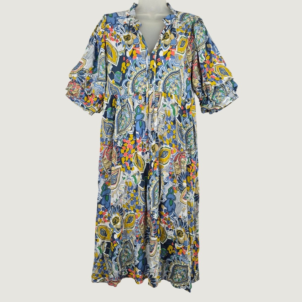 Umgee Medium Boho Paisley Floral Ruffled Tiered Midi Dress Cottagecore Romantic